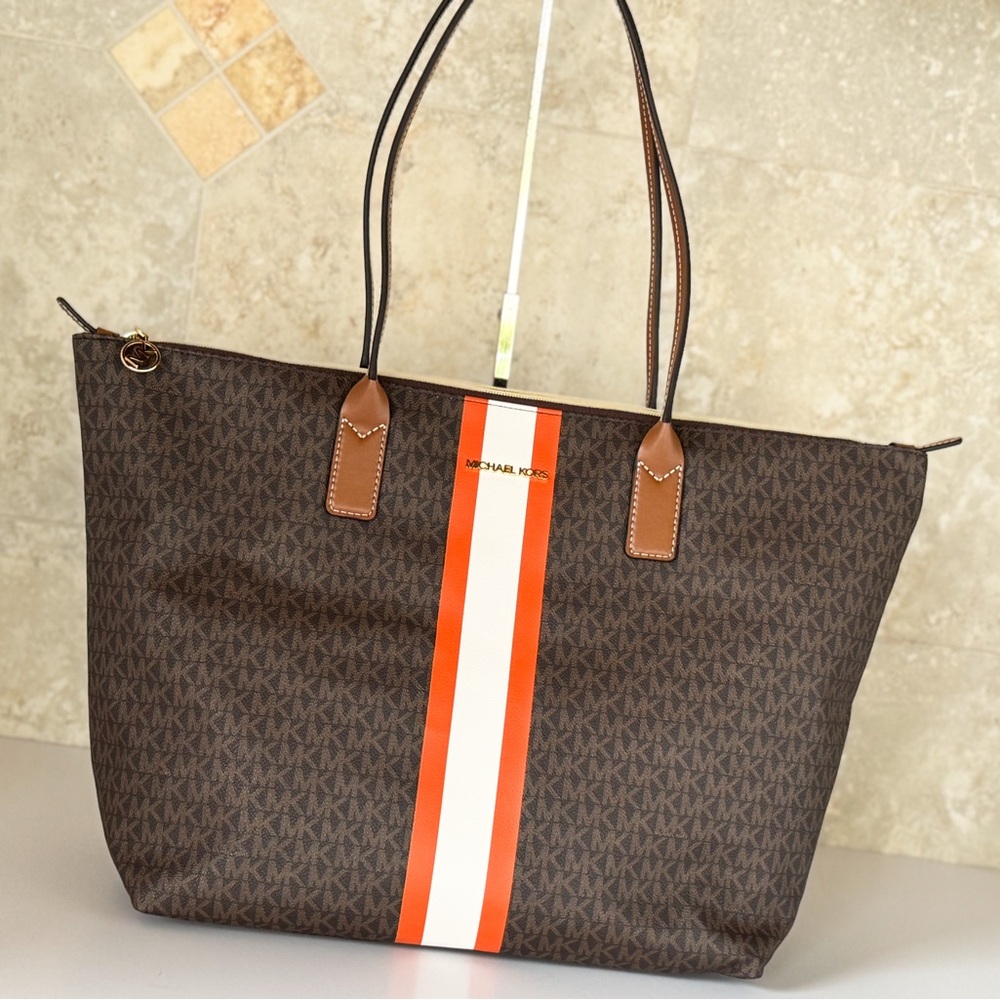 Michael Kors Travel XL Top Zip Tote Shoulder Bag MK Brown Tangerine - Picture 8 of 16
